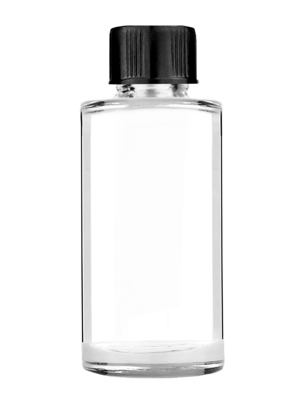 Pillar design 9ml Clear glass bottle with short ridged black cap.
