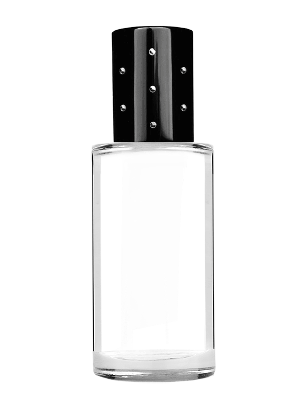 Cylinder design 9ml Clear glass bottle with metal roller ball plug and cap in black with dots.