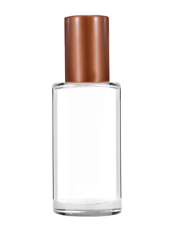 Cylinder design 9ml Clear glass bottle with metal roller ball plug and matte copper cap.
