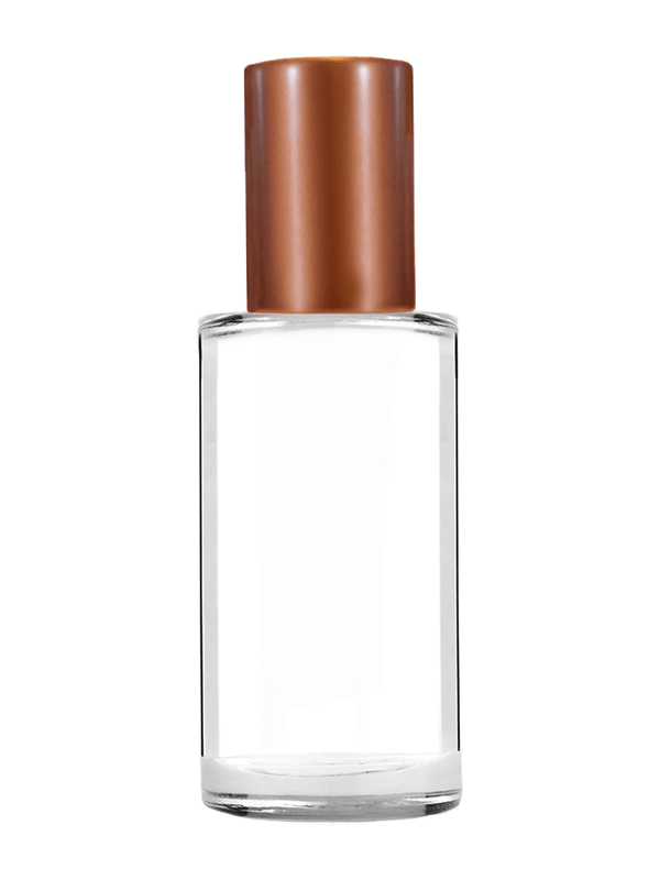 Pillar design 9ml Clear glass bottle with metal roller ball plug and matte copper cap.