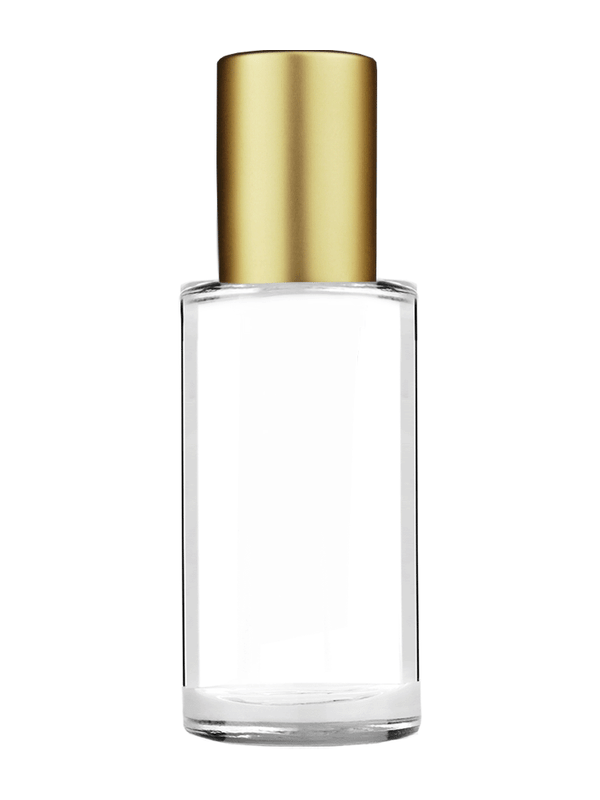 Pillar design 9ml Clear glass bottle with metal roller ball plug and matte gold cap.