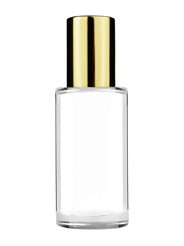 Pillar design 9ml Clear glass bottle with metal roller ball plug and shiny gold cap.