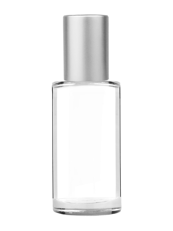 Pillar design 9ml Clear glass bottle with metal roller ball plug and matte silver cap.