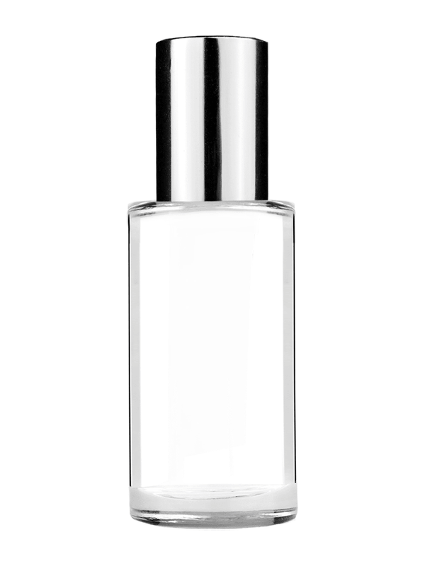 Pillar design 9ml Clear glass bottle with metal roller ball plug and shiny silver cap.