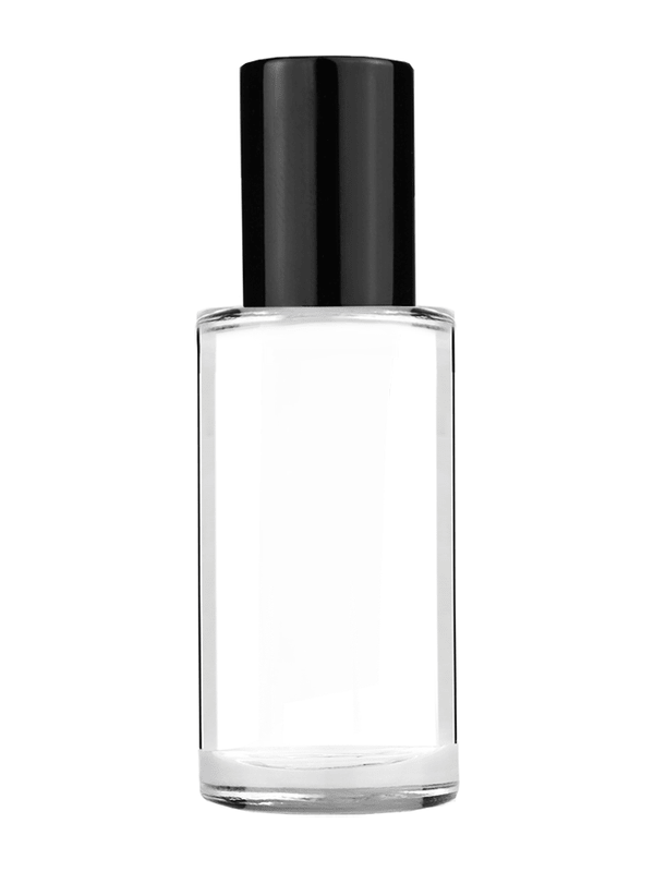 Pillar design 9ml Clear glass bottle with roller ball plug and shiny black cap.