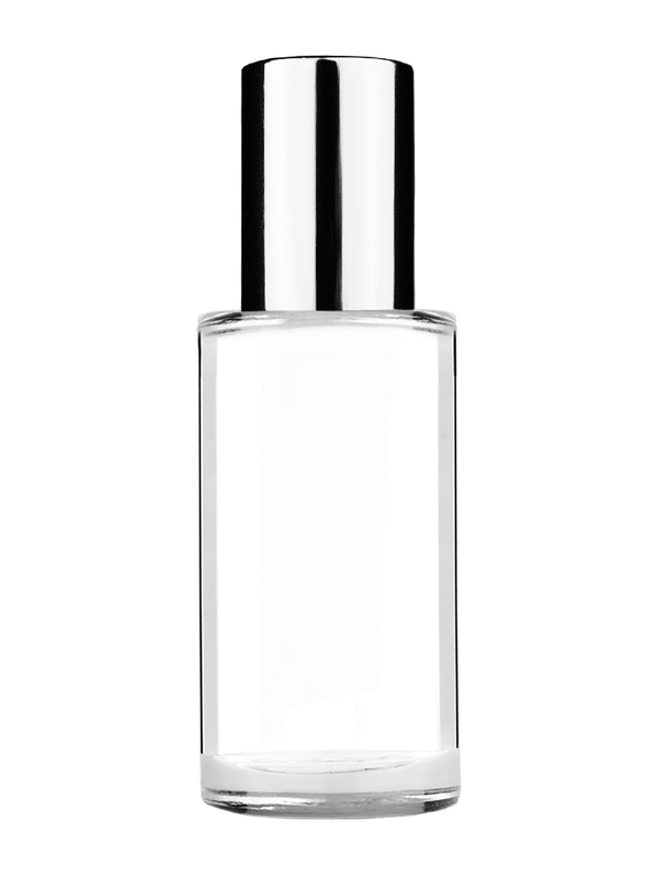 Pillar design 9ml Clear glass bottle with silver plastic cap.