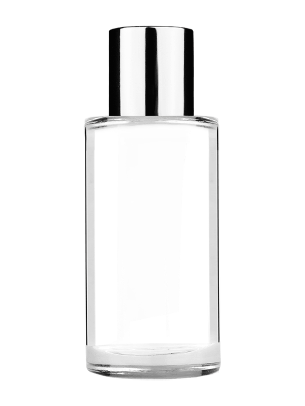 Pillar design 9ml Clear glass bottle with short silver plastic cap.