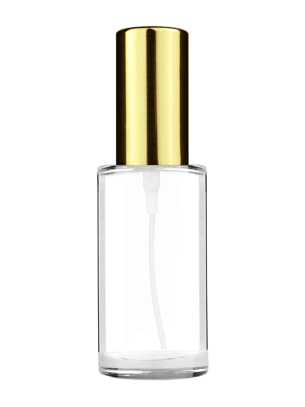 Pillar design 9ml Clear glass bottle with shiny gold spray.