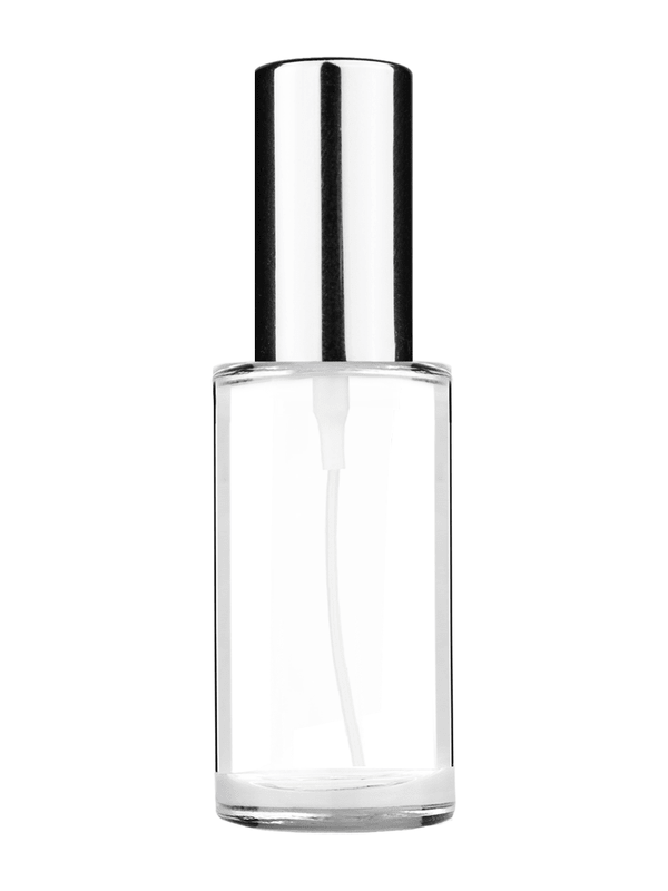 Pillar design 9ml Clear glass bottle with shiny silver spray.