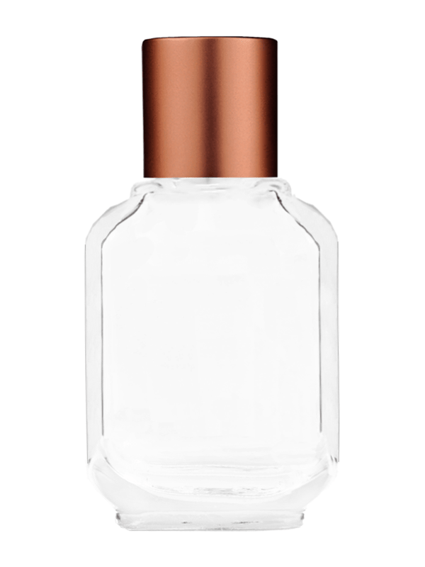 Footed Empty Clear glass bottle with short matte copper cap capacity: 10ml, 1/3oz. For use with perfume or fragrance oil, essential oils, aromatic oils and aromatherapy.