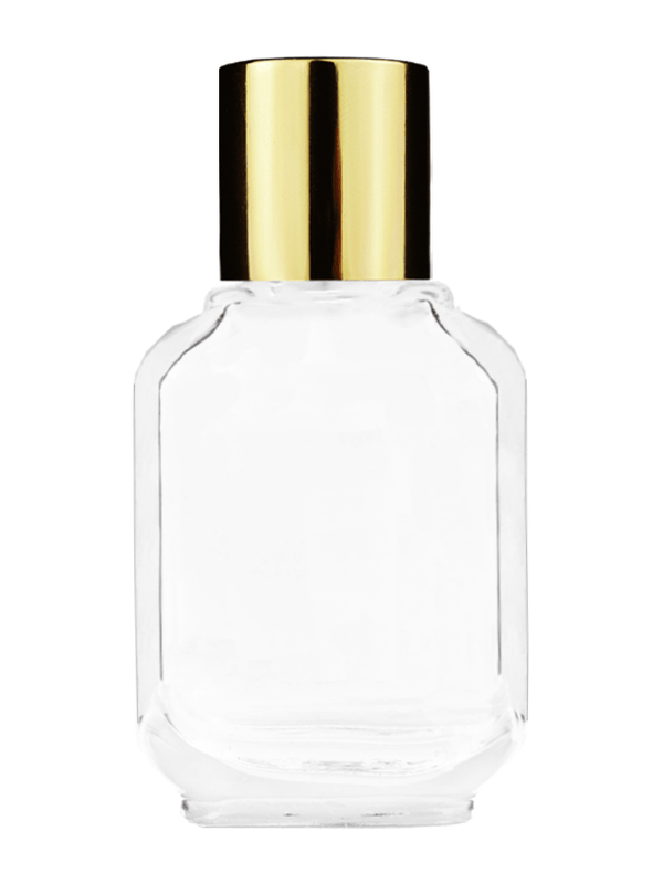 Footed Empty Clear glass bottle with short shiny gold cap capacity: 10ml, 1/3oz. For use with perfume or fragrance oil, essential oils, aromatic oils and aromatherapy.