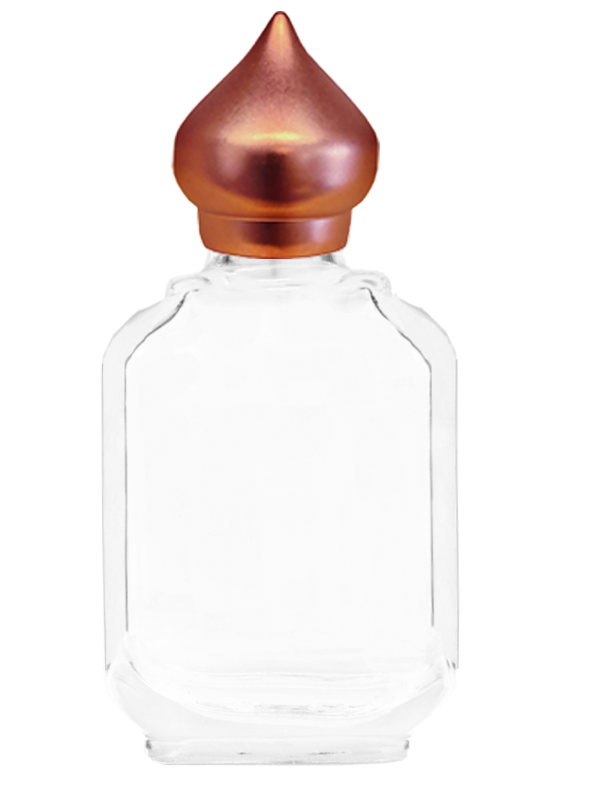 Empty Clear glass bottle with copper minaret dab on cap capacity 10ml.  For use with perfume or fragrance oil, essential oils, aromatic oils and aromatherapy.
