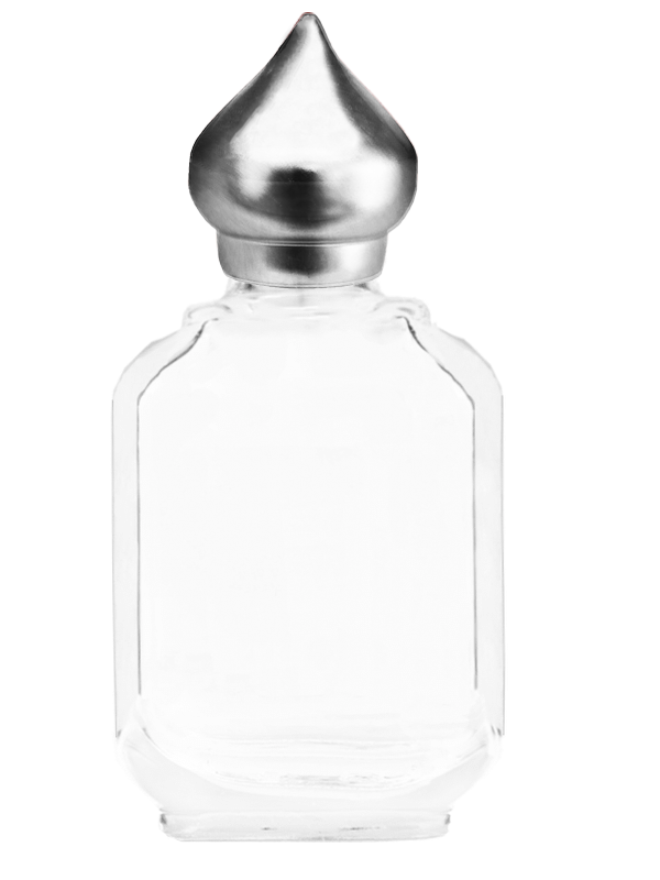 Footed Empty Clear glass bottle with silver minaret dab on cap capacity 10ml.  For use with perfume or fragrance oil, essential oils, aromatic oils and aromatherapy.