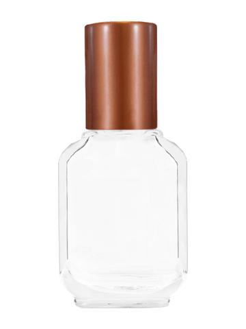 Footed rectangular design 10ml, 1/3oz Clear glass bottle with metal roller ball plug and matte copper cap.