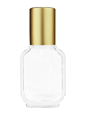 Footed rectangular design 10ml, 1/3oz Clear glass bottle with metal roller ball plug and matte gold cap.