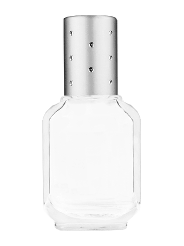 Footed rectangular design 10ml, 1/3oz Clear glass bottle with metal roller ball plug and silver cap with dots.