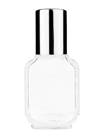 Footed rectangular design 10ml, 1/3oz Clear glass bottle with metal roller ball plug and shiny silver cap.