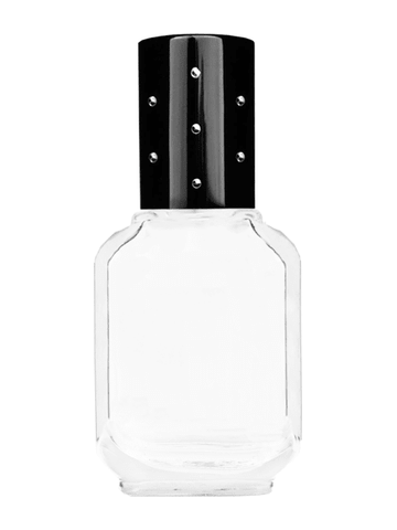 Footed rectangular design 10ml, 1/3oz Clear glass bottle with plastic roller ball plug and black shiny cap with dots.