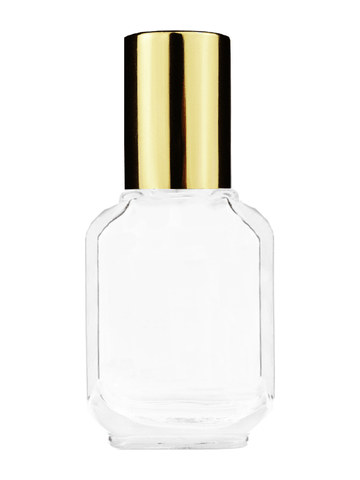 Footed rectangular design 10ml, 1/3oz Clear glass bottle with plastic roller ball plug and shiny gold cap.