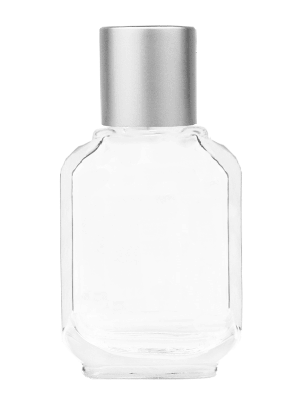 Footed Empty Clear glass bottle with short matte silver cap capacity: 10ml, 1/3oz. For use with perfume or fragrance oil, essential oils, aromatic oils and aromatherapy.