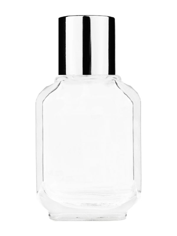 Footed Empty Clear glass bottle with short shiny silver cap capacity: 10ml, 1/3oz. For use with perfume or fragrance oil, essential oils, aromatic oils and aromatherapy.