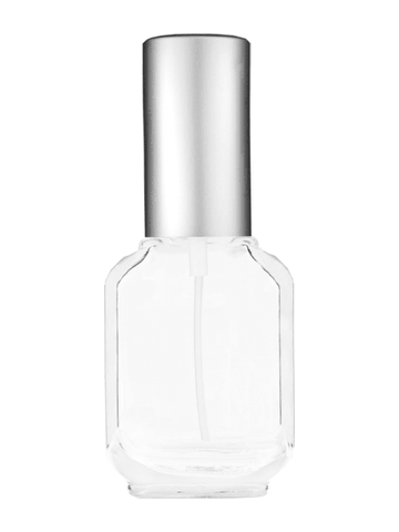 Footed rectangular design 10ml, 1/3oz Clear glass bottle with matte silver spray.
