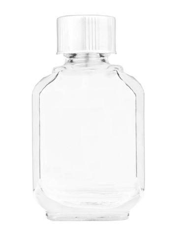Footed rectangular design 10ml, 1/3oz Clear glass bottle with short white cap.