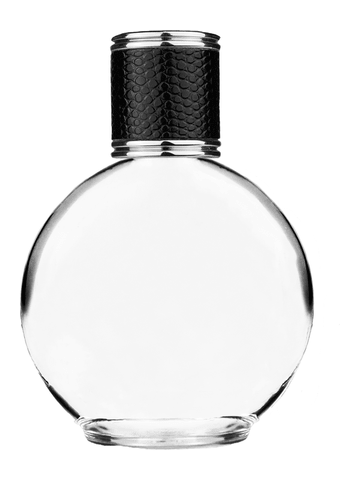 Round design 128 ml, 4.33oz  clear glass bottle  with reducer and black faux leather cap.
