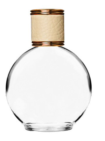Round design 128 ml, 4.33oz  clear glass bottle  with reducer and ivory faux leather cap.
