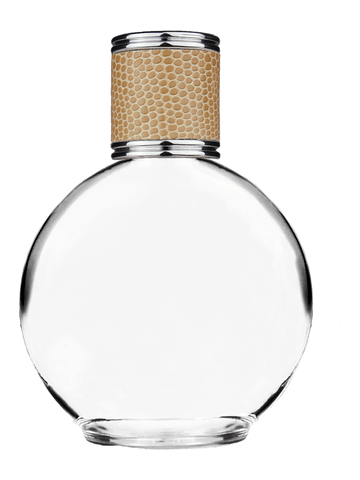 Round design 128 ml, 4.33oz  clear glass bottle  with reducer and light brown faux leather cap.