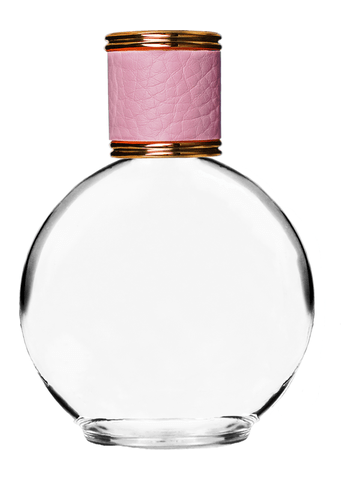 Round design 128 ml, 4.33oz  clear glass bottle  with reducer and pink faux leather cap.