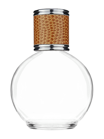 Round design 78 ml, 2.65oz  clear glass bottle  with reducer and brown faux leather cap.