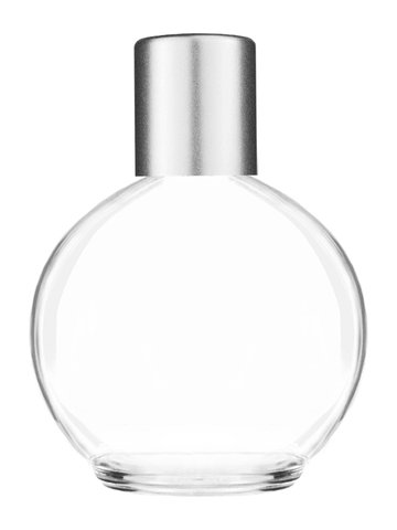 Round design 78 ml, 2.65oz  clear glass bottle  with reducer and tall silver matte cap.