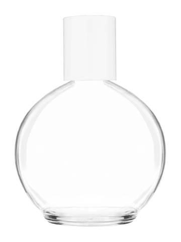Round design 78 ml, 2.65oz  clear glass bottle  with reducer and white cap.