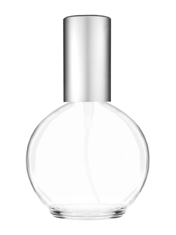 Round design 78 ml, 2.65oz  clear glass bottle  with matte silver spray pump.