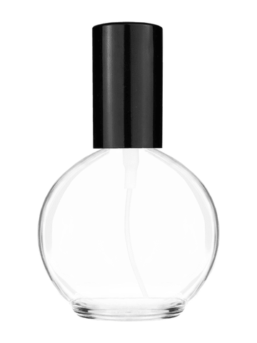 Round design 78 ml, 2.65oz  clear glass bottle  with shiny black spray pump.