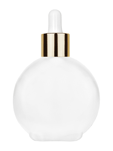 Round design 128 ml, 4.33oz frosted glass bottle with white dropper with shiny gold collar cap.
