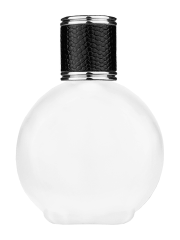 Round design 128 ml, 4.33oz frosted glass bottle with reducer and black faux leather cap.