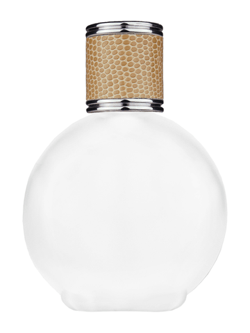 Round design 128 ml, 4.33oz frosted glass bottle with reducer and light brown faux leather cap.
