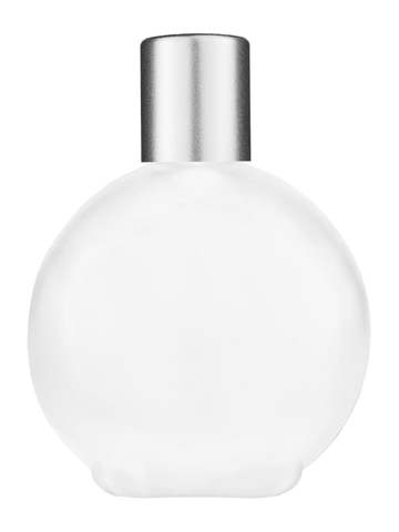 Round design 128 ml, 4.33oz frosted glass bottle with reducer and tall silver matte cap.