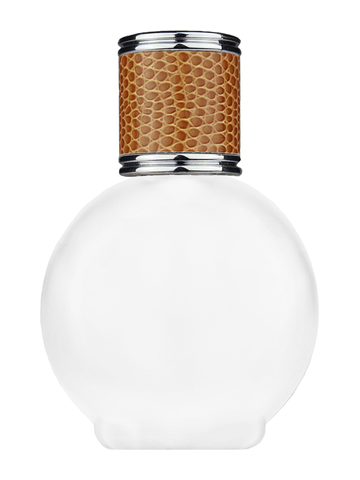 Round design 78 ml, 2.65oz frosted glass bottle with reducer and brown faux leather cap.