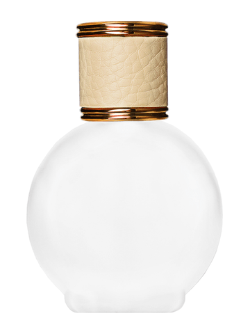 Round design 78 ml, 2.65oz frosted glass bottle with reducer and ivory faux leather cap.