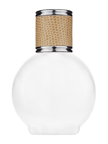Round design 78 ml, 2.65oz frosted glass bottle with reducer and light brown faux leather cap.