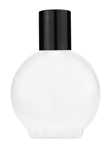 Round design 78 ml, 2.65oz frosted glass bottle with reducer and tall black shiny cap.