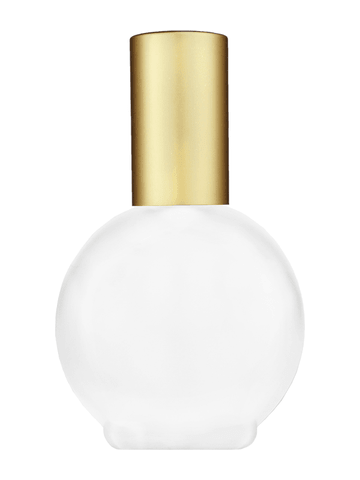 Round design 78 ml, 2.65oz frosted glass bottle with matte gold spray pump.