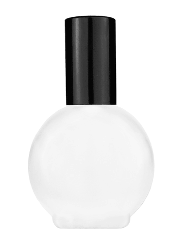 Round design 78 ml, 2.65oz frosted glass bottle with shiny black spray pump.
