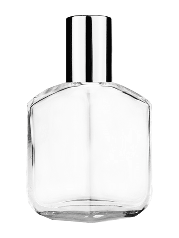 Royal design 13ml, 1/2oz Clear glass bottle with metal roller ball plug and shiny silver cap.
