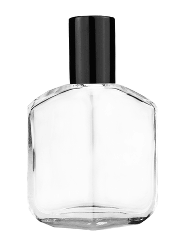 Royal design 13ml, 1/2oz Clear glass bottle with plastic roller ball plug and black shiny cap.