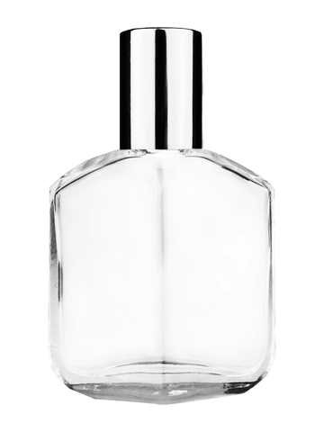 Royal design 13ml, 1/2oz Clear glass bottle with shiny silver cap.