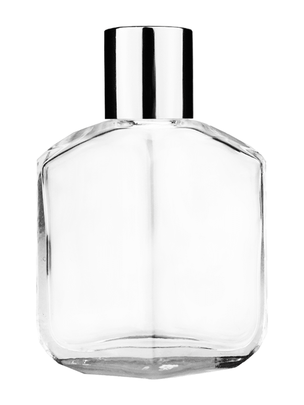 Empty Clear glass bottle with short shiny silver cap capacity: 13ml, 1/2oz. For use with perfume or fragrance oil, essential oils, aromatic oils and aromatherapy.